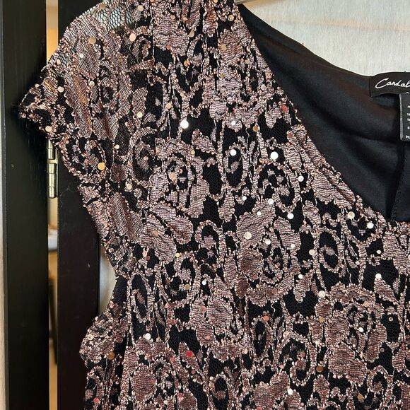 Candalite Petite Black Copper Lace Sequined Romantic Goth Maxi Dress PM - Picture 4 of 11